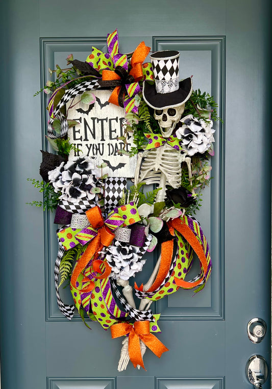 Halloween Wreath for Front Door, Skeleton Wreath for Front Door, Halloween Wreath, Haunted House Decor Enter if You Dare, Gothic Wreath