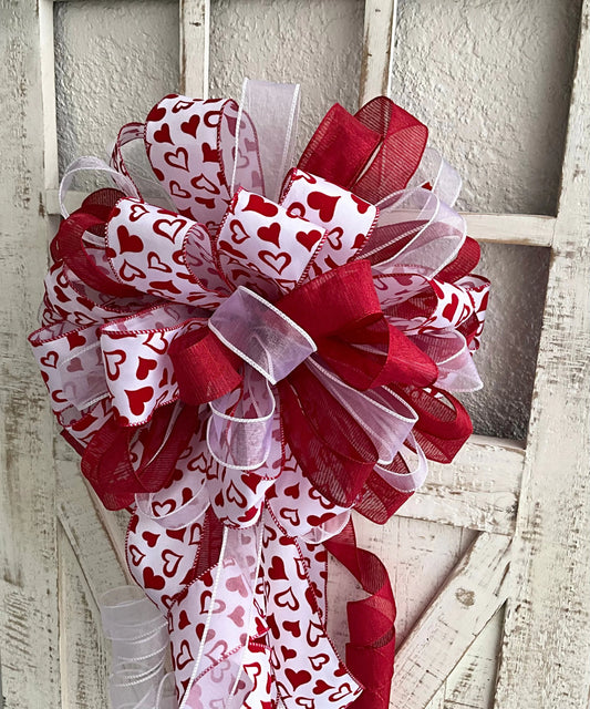 Valentines Day Bow Valentines Day Gift Gift for Her Gift for Me Tree Topper Bow Large Bow for Car Red and White Bow Valentines Wreath